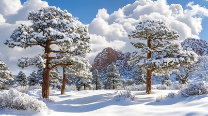 A serene winter landscape with snow-covered trees and mountains under a cloudy sky.