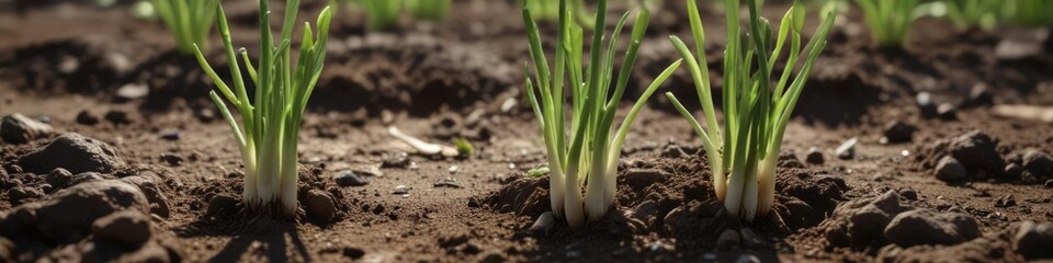 Obraz premium Spring onions sprouting from the earth like a never-ending chain, secret, undergrowth, concealed