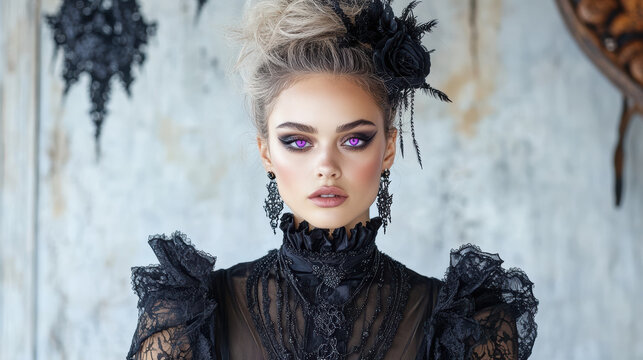 stunning vampire queen with glowing purple eyes and intricate black attire
