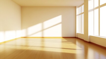 Fototapeta premium Spacious Sunlit Room with Large Floor-to-Ceiling Windows and Wooden Flooring : Generative AI