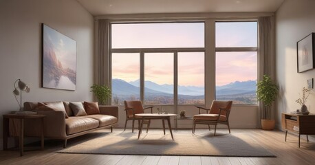Softly lit room with a large window that offers a beautiful view, window, misty surroundings