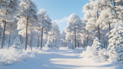 A serene winter landscape with snow-covered trees and a clear blue sky.
