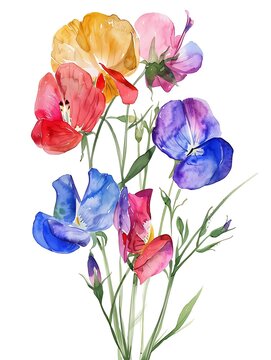 watercolor sweet pea flowers on white clip art preview