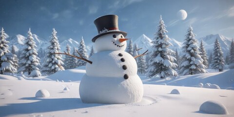 Snowman building in a snowy landscape with snowflakes, cold weather, snowman