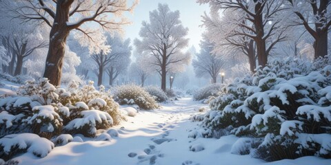 Obraz premium Snow-covered trees and bushes with a winter wonderland scene, snowy backgrounds, snowy landscapes, serene environments