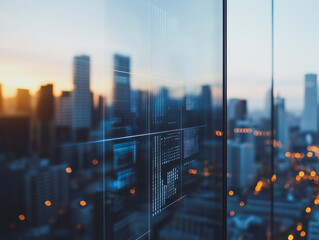 Urban Data Skyline: A captivating image showcasing a futuristic cityscape at dawn, viewed through a glass building with superimposed data screens displaying various charts, graphs and information.