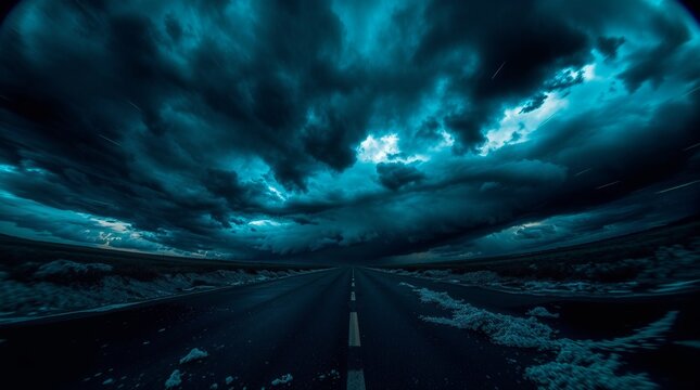 A surreal digital photograph depicting intense dramatic weather, a jet-black virtual reality glitch, pure black deep shadows, stormy skies, and high tension, using a fisheye lens effect and exaggerate