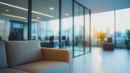 Naklejka premium Modern Office Waiting Area: A stylish beige sofa sits in the foreground, inviting relaxation in a contemporary office space. Glass partitions offer a glimpse into a bright.