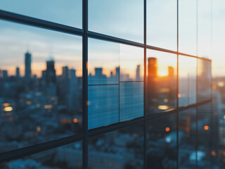 Cityscape Sunset Reflection: A captivating view of a modern cityscape reflected in the glass facade of a skyscraper at sunset, capturing the vibrant hues and urban energy. 