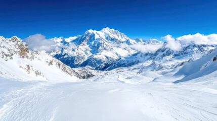 breathtaking view of snow covered French Alps under clear blue sky