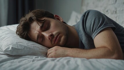 Sad sleepy brunette young handsome man is lying on bed.. Migraine, headache, hangover in the morning. Unhappy unhealthy guy.