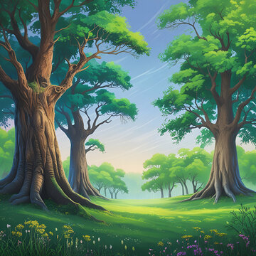 Some green and bigar trees. Grass very green. So great full. 