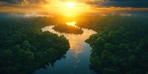 Aerial View of a Serene River Winding Through Lush Rainforest at Sunset