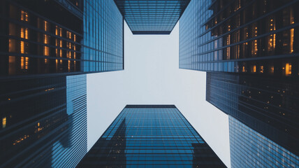 Skyward View of Skyscrapers:  A captivating view of skyscrapers towering upwards, creating a geometric pattern against a hazy blue sky. The image evokes a sense of scale and urban grandeur. 