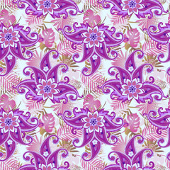Fantasy seamless pattern with flowers with paisley leaves on the background of tropical leaves