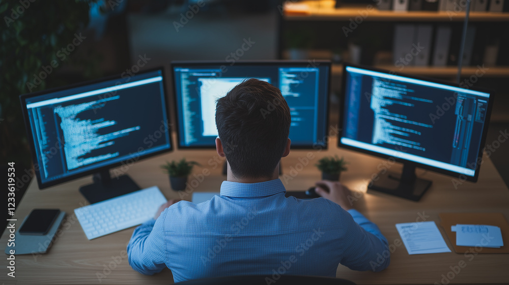 Poster code master at work: a focused programmer hunches over three monitors, his fingers flying across the