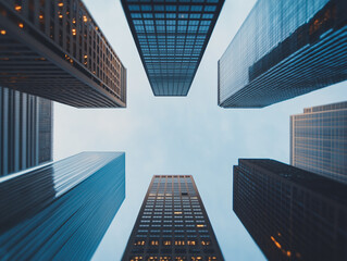 Urban Canyon: A low-angle shot looking up at the towering skyscrapers of a modern city, creating a dramatic and awe-inspiring urban canyon effect.