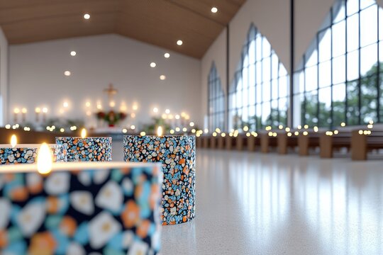 Church candles lit, peaceful ceremony, sanctuary windows, serene background, religious reflection