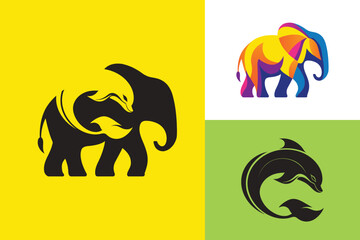 Elephant & Dolphin Aggressive silhouette vector

