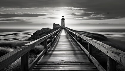 Magical Planked Pathway Leading to Seashore Lighthouse at Dawn During Golden Hour A Photographic Masterpiece Capturing Tranquil Coastal Beauty.