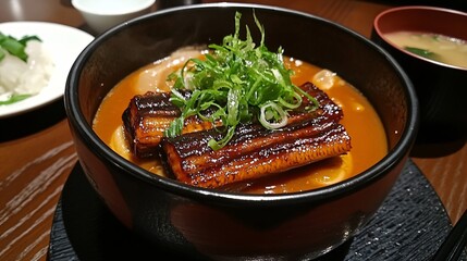 Unadon served in a lacquered bowl with perfectly caramelized eel, garnished with green onions and accompanied by a side of miso soup