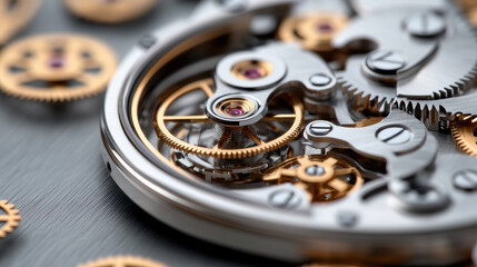 Intricate mechanical watch movement with golden gears and silver components