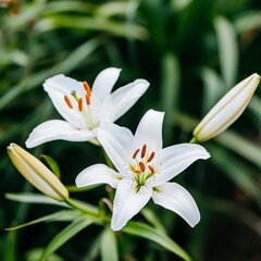White Lily Flower Blooming Amidst Green Foliage in Natural Setting
