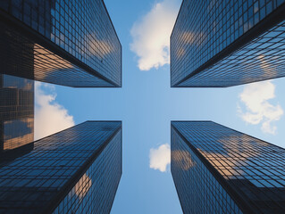Skyward View of Skyscrapers: A low-angle perspective captures a breathtaking sight of towering skyscrapers piercing the azure sky, emphasizing the immensity and ambition of modern urban architecture.