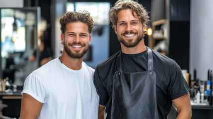 Fototapeta premium Stylists smiling in modern barber shop, showcasing their skills and passion