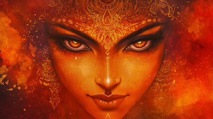 Chaitra Navratri poster painting, Goddess Durga's face in a full expression of courage and serenity, her sharp eyes shining with gold ornaments adorning her forehead