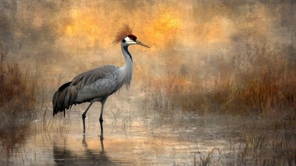 Obraz premium Demoiselle crane wading in shallow water at sunrise.