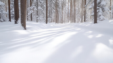 Fototapeta premium peaceful Finnish forest covered in fresh snow, showcasing tall trees and soft shadows
