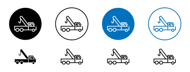 Tow truck icons set in black and blue colors on white background