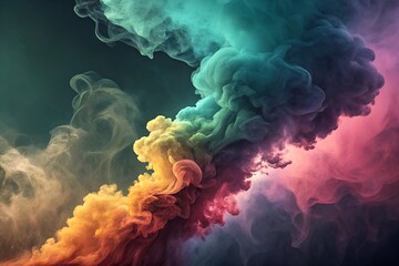 Abstract smoke patterns visualize fractal realms with energy reminiscent of a fiery explosion against a blue sky