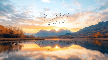 Fototapeta premium Serene sunset over a tranquil lake with flying birds and mountains reflecting on the water