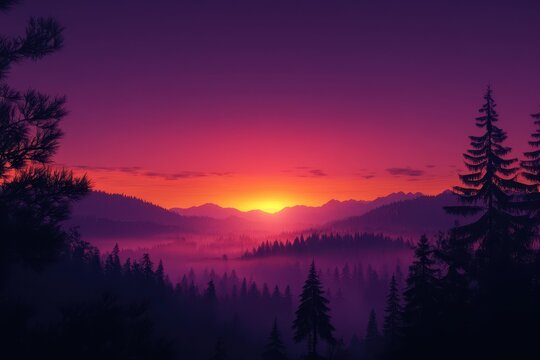 Sunrise over misty mountain forest, vibrant sky, digital art, wallpaper
