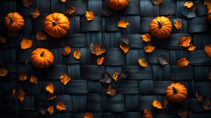 Autumn Still Life  Pumpkins  Leaves  Dark Woven Background