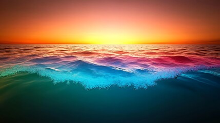 Obraz premium Serene sunset over calm ocean waters with vibrant colors reflecting on the surface