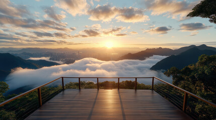 breathtaking sunrise view from wooden deck overlooking mountains and clouds