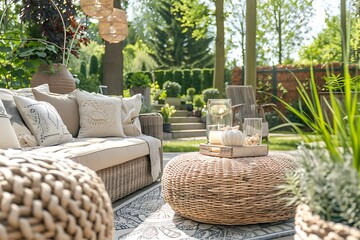Fototapeta premium Beautiful rattan garden with wicker furniture and soft pillows