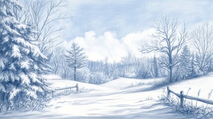 Snowy winter landscape, tranquil scene, rolling hills, winter trees, idyllic background, perfect for seasonal cards