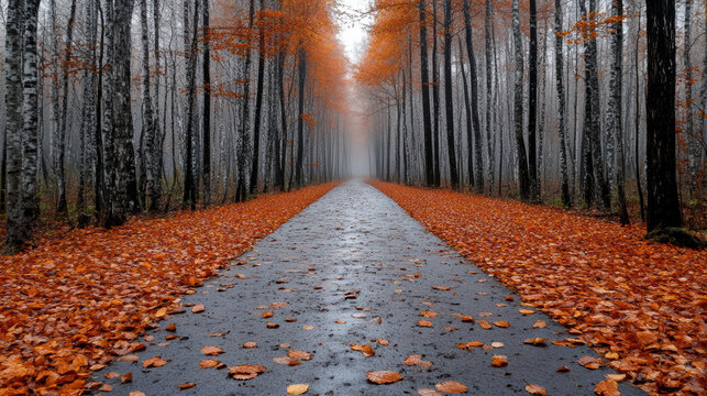 foggy autumn forest path lined with vibrant red leaves and trees