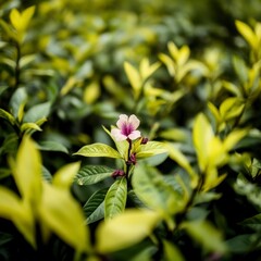 Obraz premium Delicate Pink Flower Among Vibrant Green Leaves in Natural Setting