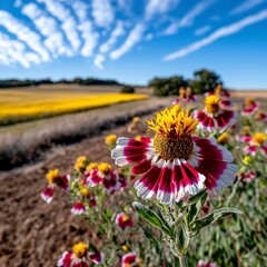 Fototapeta premium Vibrant Wildflowers Blooming Under a Blue Sky with Wispy Clouds