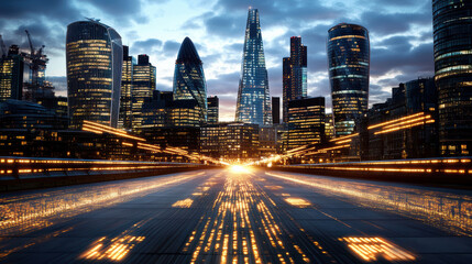 Fototapeta premium vibrant city skyline at dusk with glowing lights and modern architecture