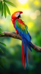 Obraz premium Vibrant Parrot Perched on Branch in Lush Forest Setting with Colorful Foliage and Natural Beauty