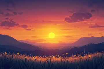 Sunset over mountain meadow, wildflowers, peaceful landscape, digital art, website background