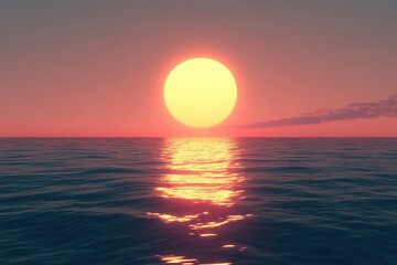 Ocean sunset, large sun, calm sea, pink sky, digital art
