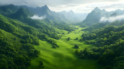 Naklejka premium Lush green valley nestled in mountains; aerial view