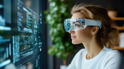 woman wearing futuristic smart glasses interacts with holographic displays